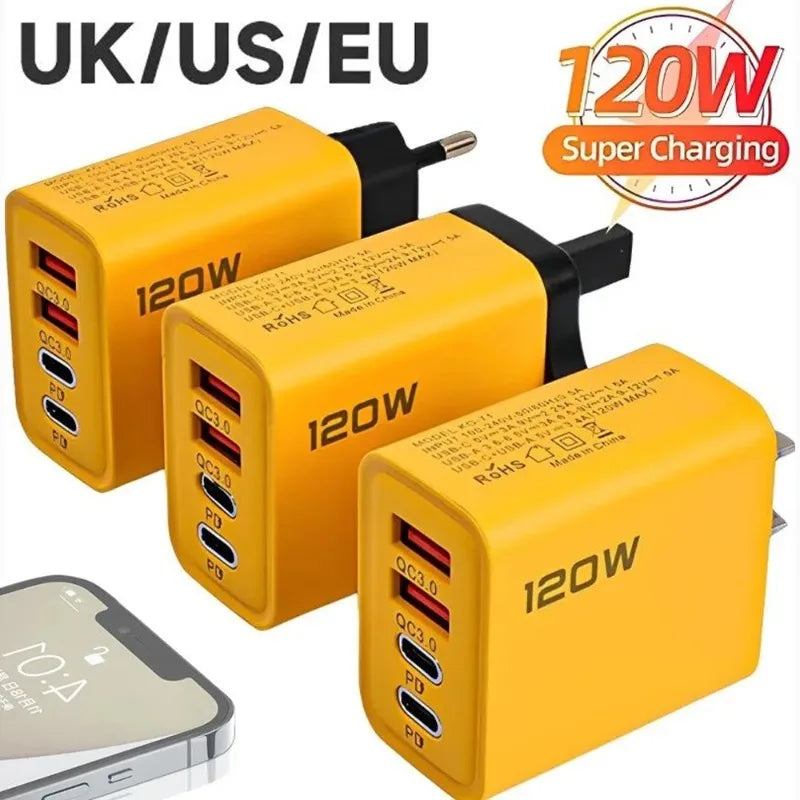 120W Fast Charging 4 Ports Mobile Phone Charger iPhone15 Xiaomi