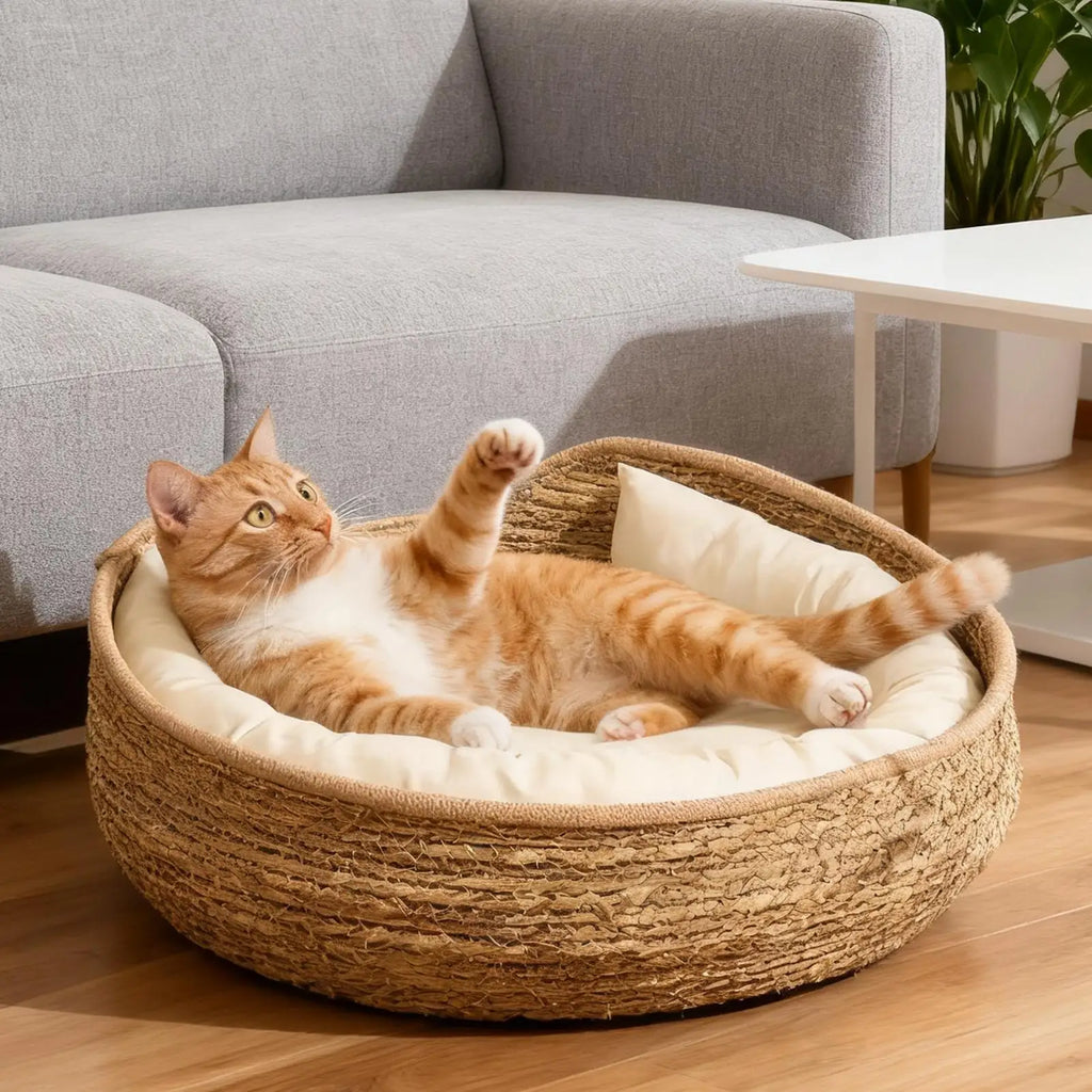 Pet Bed Soft Cat Kennel Dog Beds Sofa Bamboo Weaving with Cushion Sleeping Bag