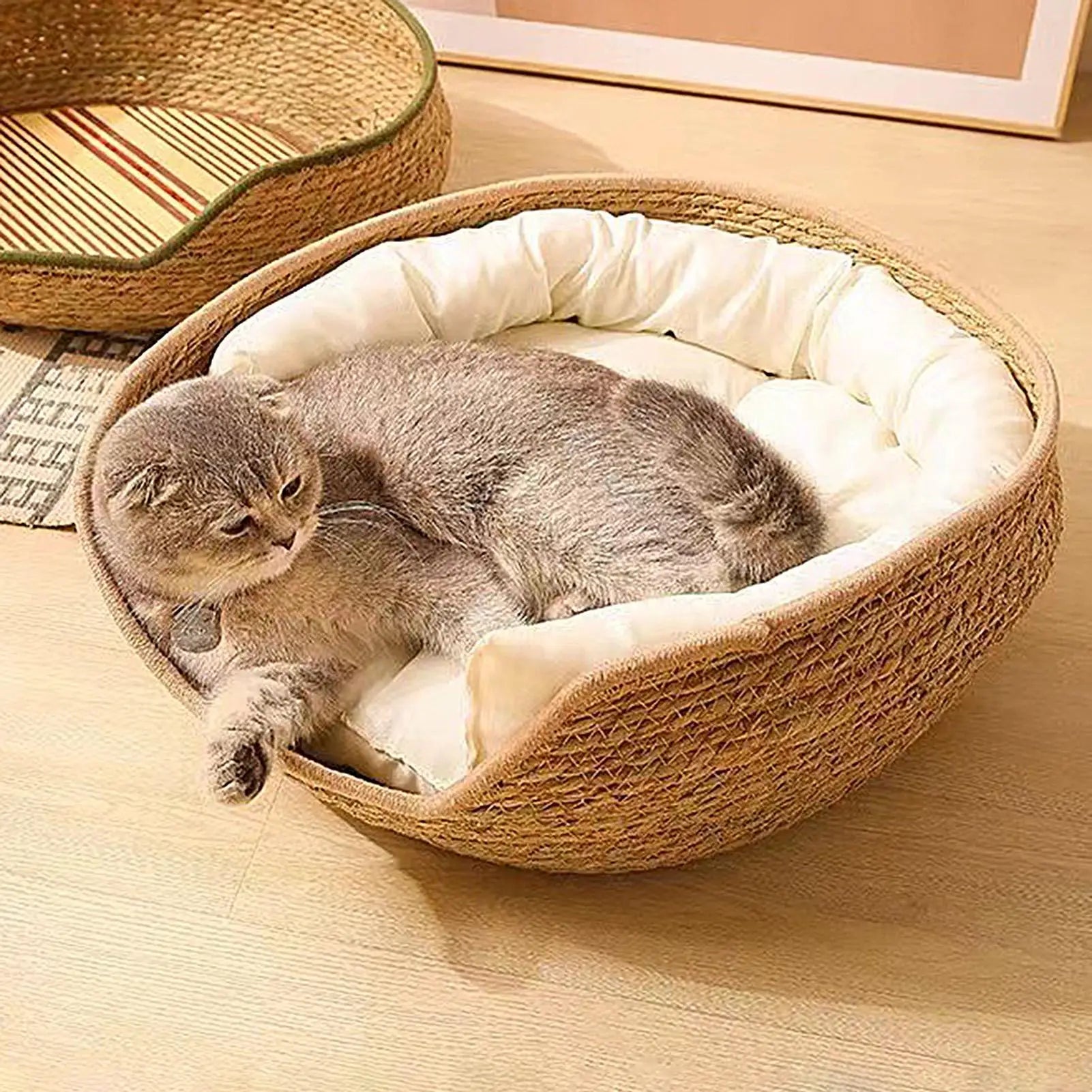 Pet Bed Soft Cat Kennel Dog Beds Sofa Bamboo Weaving with Cushion Sleeping Bag